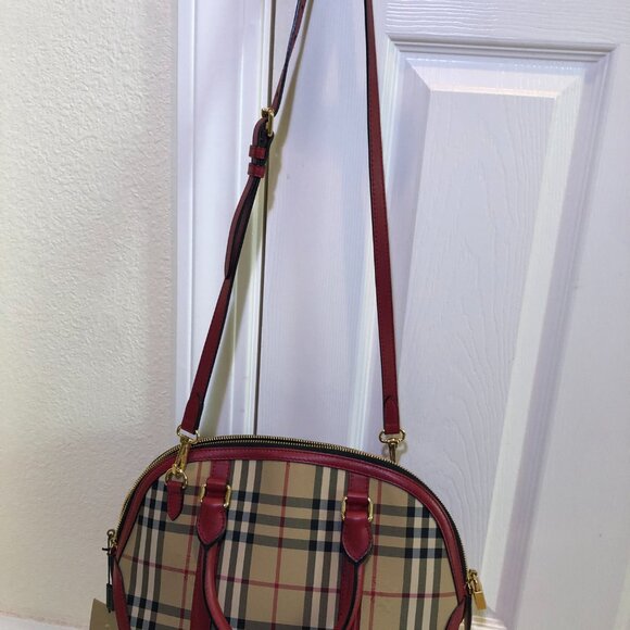 BURBERRY Horseferry Checkered Canvas and Leather Tote Bowling Bag Red/Beige - Picture 4 of 16